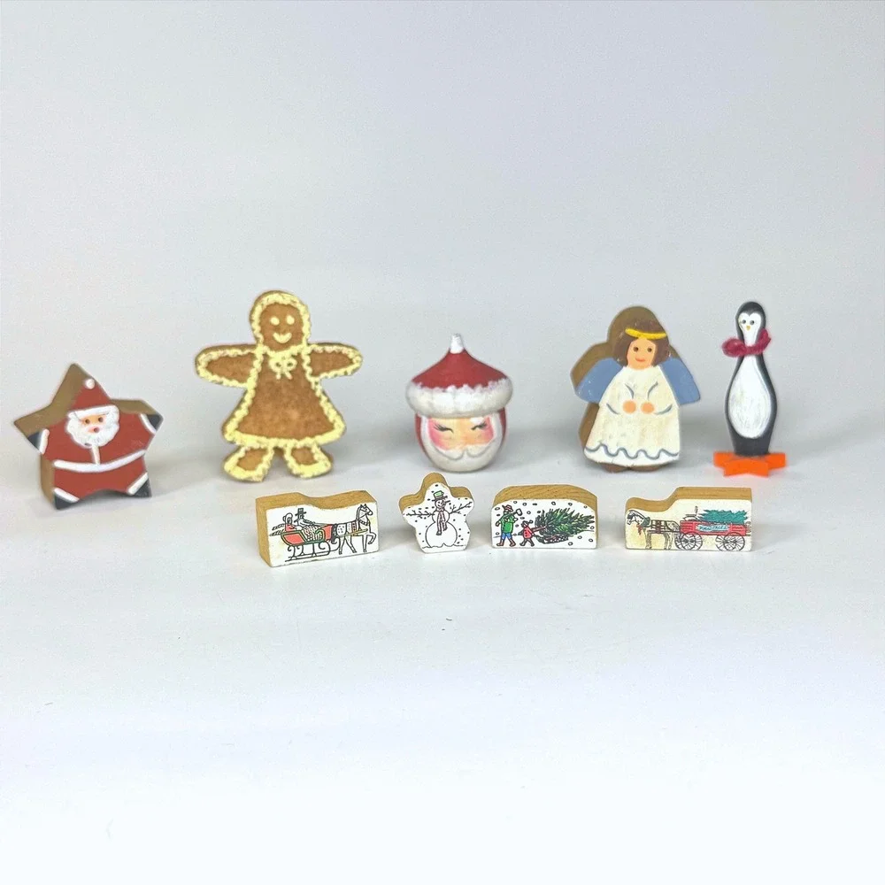 Vintage 90s Hand Painted Wooden Christmas Miniatures Lot of 9 misc pieces Decor